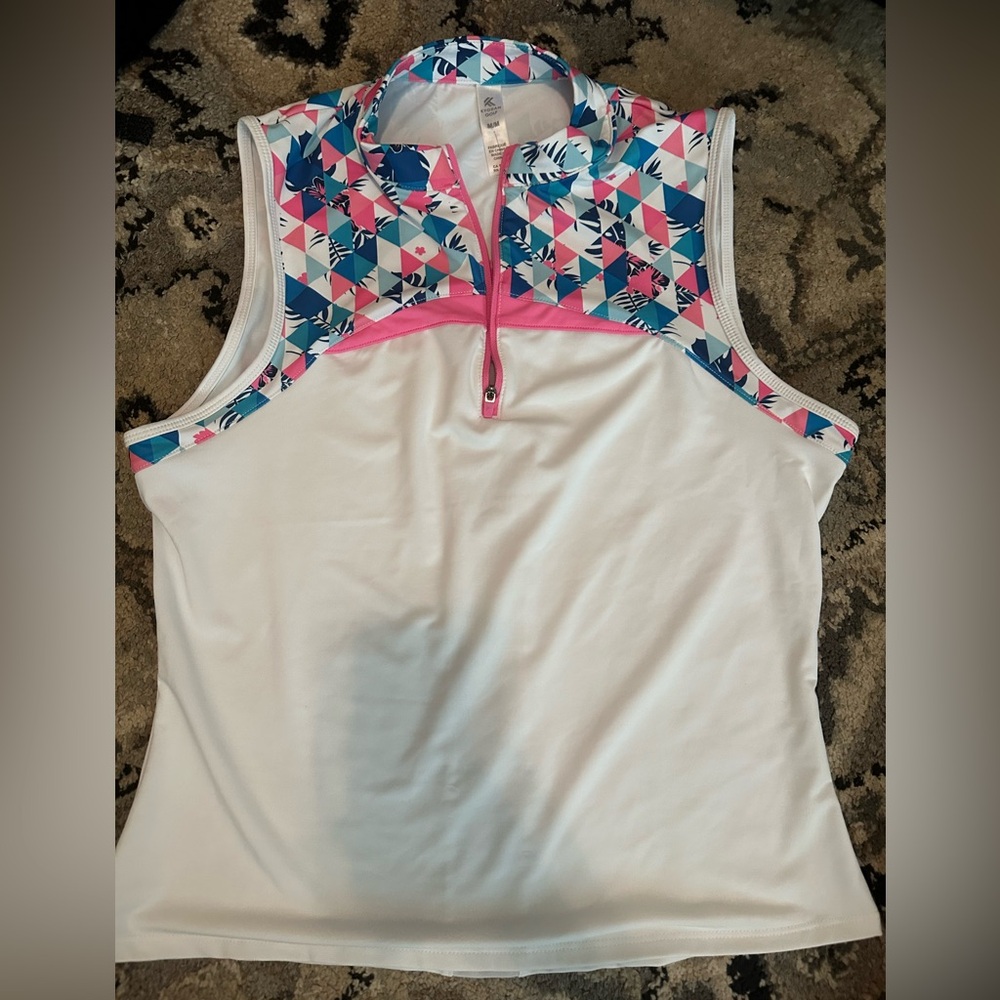 Kyodan White Tank Top with Pink and Blue Geometric Accents
